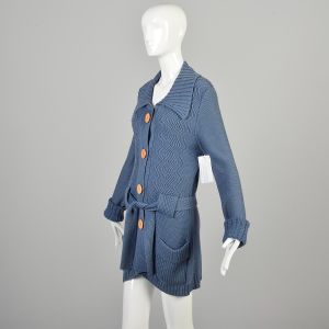Medium 1970s Tunic Sweater Top Cardigan Long Cornflower Blue Knit Buttoned Belted Sweater Top - Fashionconservatory.com