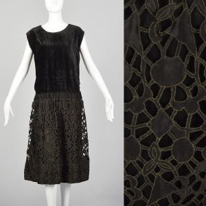 Medium 1920s Little Black Dress Drop Waist Floral Eyelet Lace Skirt Sleeveless Velvet Top