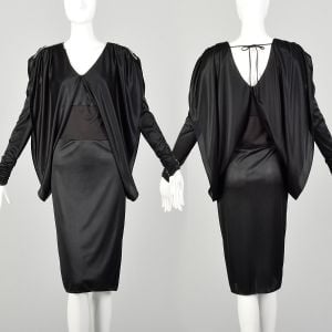 Small 1980s Dress Black Batwing Sleeve Cocoon Disco Knit