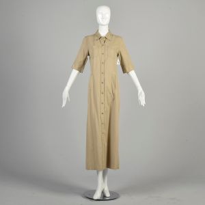 M | 1990s Button Front Short Sleeve Khaki Maxi Dress by DKNY Classic