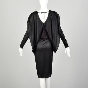 Small 1980s Dress Black Batwing Sleeve Cocoon Disco Knit - Fashionconservatory.com