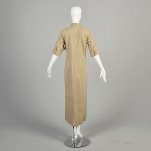 M | 1990s Button Front Short Sleeve Khaki Maxi Dress by DKNY Classic - Fashionconservatory.com