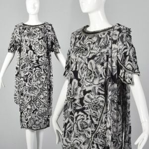 Large 1980s Designer Beaded Skirt Set Judith Ann Creations Black and White Floral Print Tulip Hem