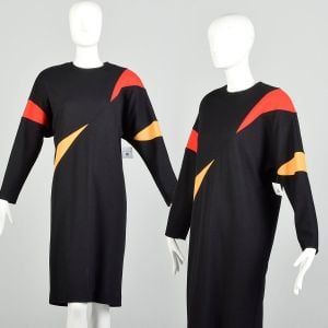 Medium 1980s Color Block Cocoon Sweater Dress Oversized Knit Batwing Sleeves