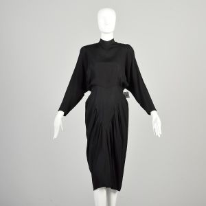 S | 1980s Batwing Gothic Little Black Dress LBD w/Statement Neck by b.b. collections