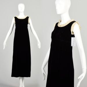 1960s Black Velvet Empire Waist Maxi Dress with Ruffled Lace Trim