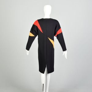 Medium 1980s Color Block Cocoon Sweater Dress Oversized Knit Batwing Sleeves - Fashionconservatory.com