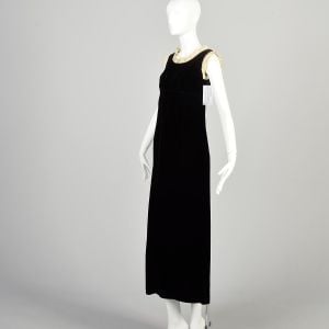1960s Black Velvet Empire Waist Maxi Dress with Ruffled Lace Trim - Fashionconservatory.com