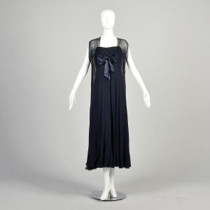 S | 1960s Empire Waist Navy Blue Silk Evening Gown w/Translucent Floating Vest by Cameo