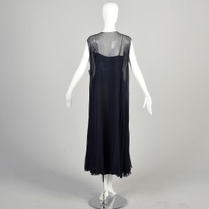 S | 1960s Empire Waist Navy Blue Silk Evening Gown w/Translucent Floating Vest by Cameo - Fashionconservatory.com