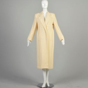 Large 1980s Cream Ivory Coat Wool Long Double Breasted Large Lapels Maxi Autumn Winter Overcoat 