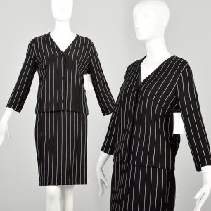 Small 1960s Knit Skirt Set Black Striped Jacket Skirt Outfit