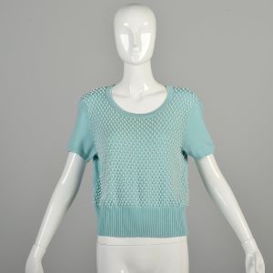 Large 1980s Sweater Top Tiffany Blue Pearl Bead Short Sleeve Ribbed Knit Robin's Egg Blue Top