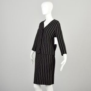 Small 1960s Knit Skirt Set Black Striped Jacket Skirt Outfit - Fashionconservatory.com