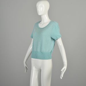 Large 1980s Sweater Top Tiffany Blue Pearl Bead Short Sleeve Ribbed Knit Robin's Egg Blue Top - Fashionconservatory.com