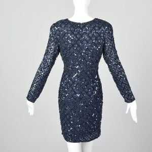 XS 1990s Oleg Cassini Black Tie Blue Beaded Silk Cocktail Dress  - Fashionconservatory.com