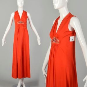 Small 1970s Dress Orange Sleeveless Maxi Bohemian