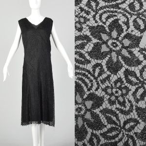 Large 1930s Dress Black Lace Day Floral Pattern Sleeveless Wrap Neckline Dress