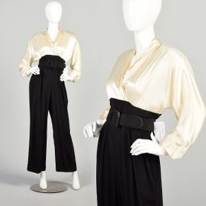 1980s Medium White Silk Color Block Black Belted Wide Leg Jumpsuit