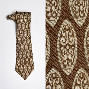 1970s Brown Textured Neck Tie Wide Cream Necktie