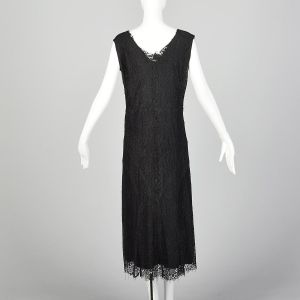 Large 1930s Dress Black Lace Day Floral Pattern Sleeveless Wrap Neckline Dress - Fashionconservatory.com