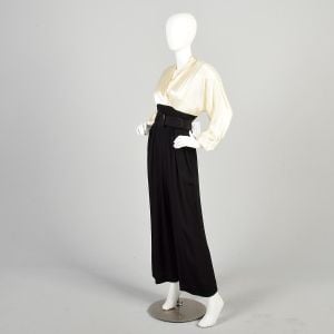 1980s Medium White Silk Color Block Black Belted Wide Leg Jumpsuit - Fashionconservatory.com