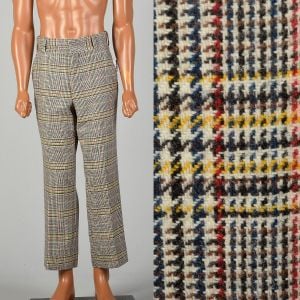 Small 1960s Plaid Wool Pants Colorful Flat Front Straight Leg Short