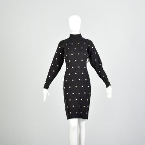 XS 1990s Black Sweater Dress Metallic Gold Polka Dots Embroidered Embellishments