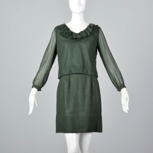 XS Green Top and Mini Skirt Set Long Sleeve Ruffled Collar Blouse Matching Lightweight Outfit