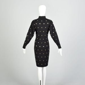 XS 1990s Black Sweater Dress Metallic Gold Polka Dots Embroidered Embellishments - Fashionconservatory.com