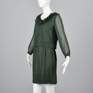 XS Green Top and Mini Skirt Set Long Sleeve Ruffled Collar Blouse Matching Lightweight Outfit - Fashionconservatory.com