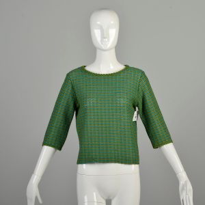 Medium 1960s Green Knit Top Striped Sweater Scoop Neck 3/4 Sleeve Casual Summer