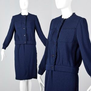  Medium 1970s Bill Blass Skirt Suit Designer Outfit Navy Blue Knit Jacket