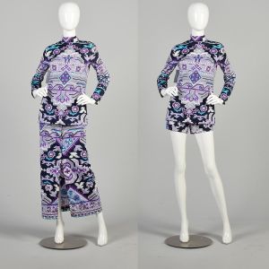 Medium 1970s Purple Psychedelic Three Piece Set Tunic Shorts Skirt Outfit
