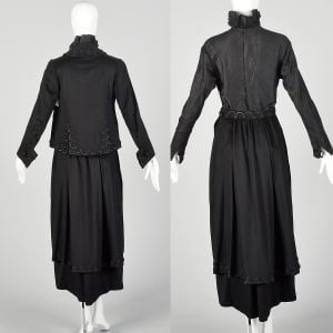 1910s Edwardian Walking Suit Black Wool Cotton Three Piece Ensemble Jacket Blouse Skirt - Fashionconservatory.com