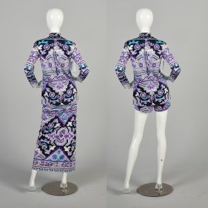 Medium 1970s Purple Psychedelic Three Piece Set Tunic Shorts Skirt Outfit - Fashionconservatory.com