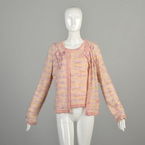 Large 2000s Baby Pink Knit Cardigan Sweater Twin Set - Fashionconservatory.com