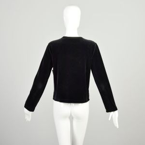 Medium 2000s Black Velour Top Long Sleeve Rhinestone Faux Necktie Shirt - Fashionconservatory.com
