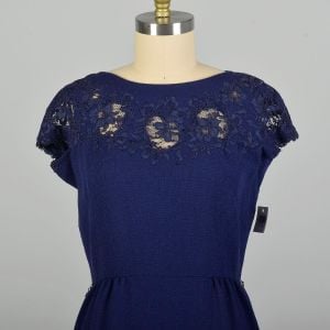 Large 1950s Blue Knit Dress with Monochrome Lace Neckline Harvey Berin  - Fashionconservatory.com