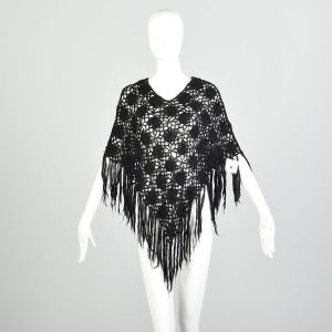 OSFM 1970s Black Hand Made Crocheted Poncho Fringe Shawl Wrap Stole