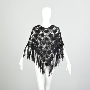 OSFM 1970s Black Hand Made Crocheted Poncho Fringe Shawl Wrap Stole - Fashionconservatory.com