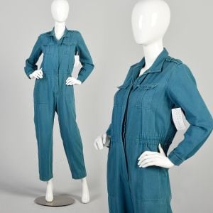 Large 1980s Teal Denim Cotton Buttoned Faded Jumpsuit Coveralls 