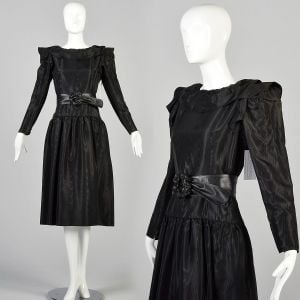 Medium 1980s Black Bow Drop Waist Ruffled Halston Party Dress