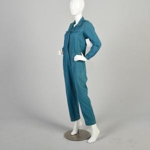 Large 1980s Teal Denim Cotton Buttoned Faded Jumpsuit Coveralls  - Fashionconservatory.com