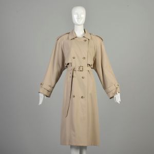 Large 1980s Trench Coat Tan Double Breasted All Season Classic Overcoat - Fashionconservatory.com