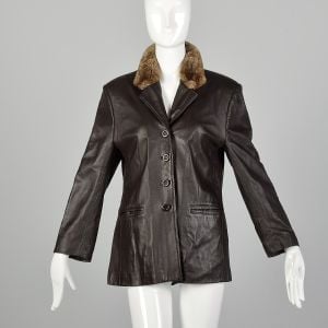 Small 1990s Brown Leather Jacket W/ Sheared Collar