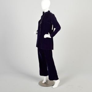 Medium 1970s Dark Purple Velvet Tunic Pants Set Two Pice Rhinestone Wide Leg Outfit - Fashionconservatory.com