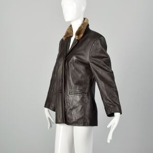 Small 1990s Brown Leather Jacket W/ Sheared Collar - Fashionconservatory.com