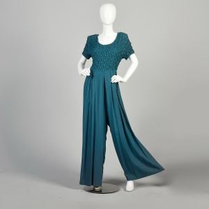 XL 1980s Teal Stretchy Floral Smocked Wide Leg Short Sleeve Jumpsuit - Fashionconservatory.com