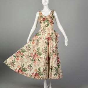Medium 1940s Sleeveless Floral Spring Dress Ruched Bust Bow Sash - Fashionconservatory.com